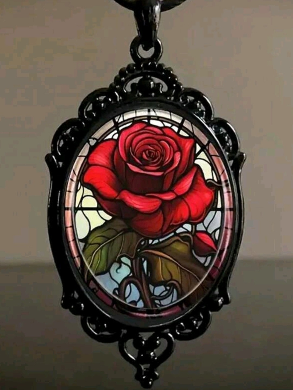 Victorian Black Frame Rose Stained Glass Pendant